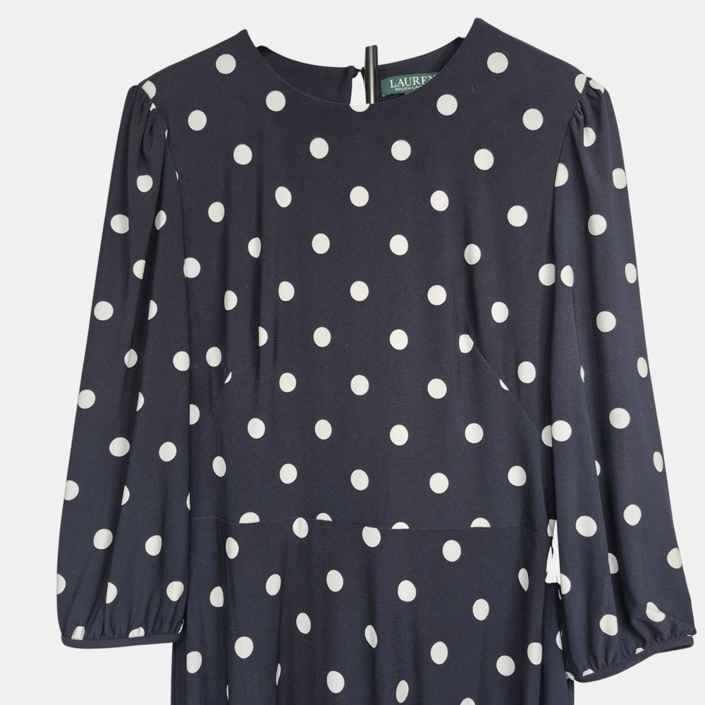 Lauren Ralph Lauren Navy Polka Dot Midi Dress 3/4 Sleeve Belted Size 8